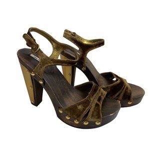 Miu Miu Green Velvet Metal Heel Wooden Platfoms